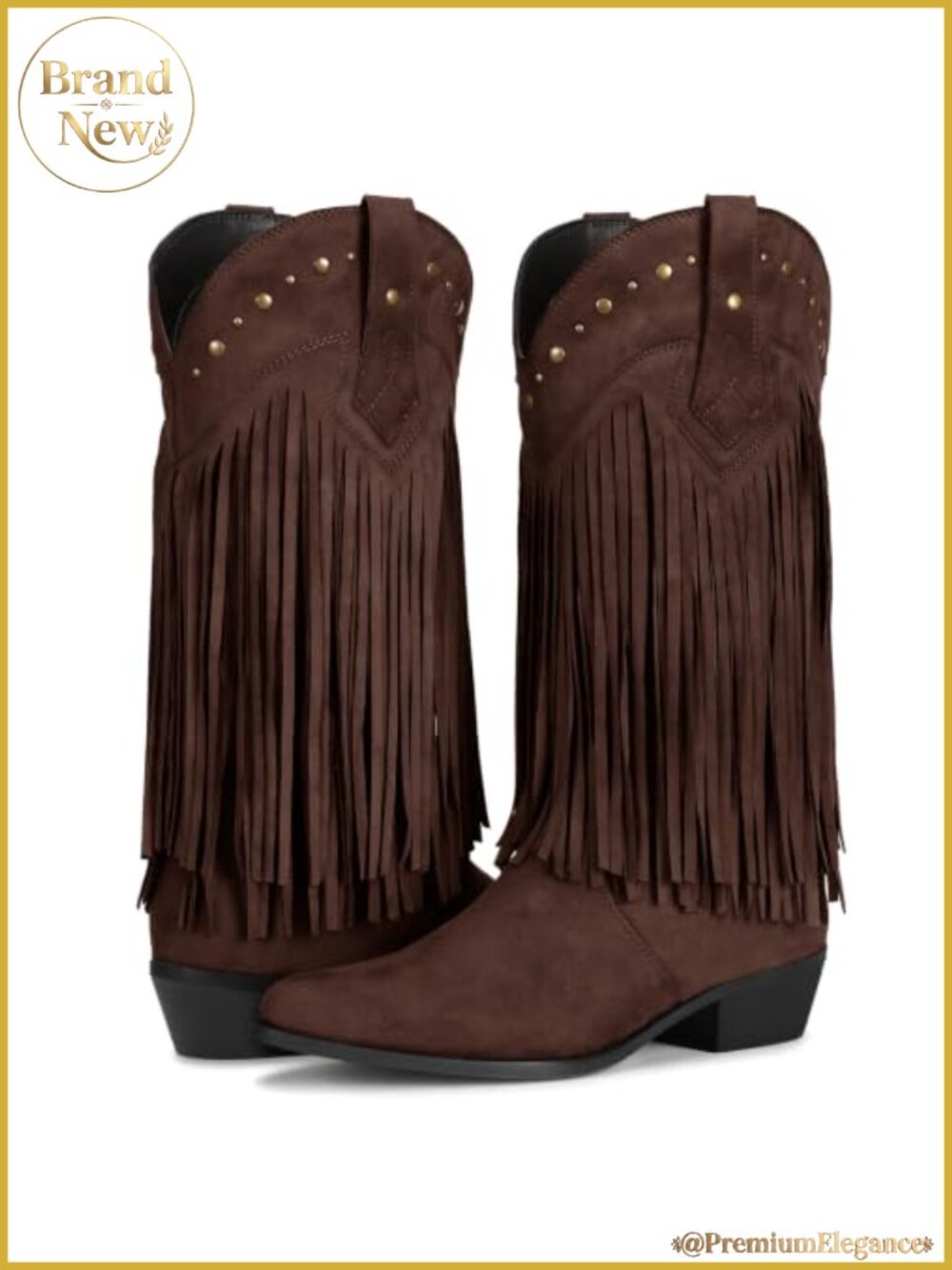 Faux Suede Fringe Cowboy Boots Pointed Toe Mid Calf Chunky Heel Western